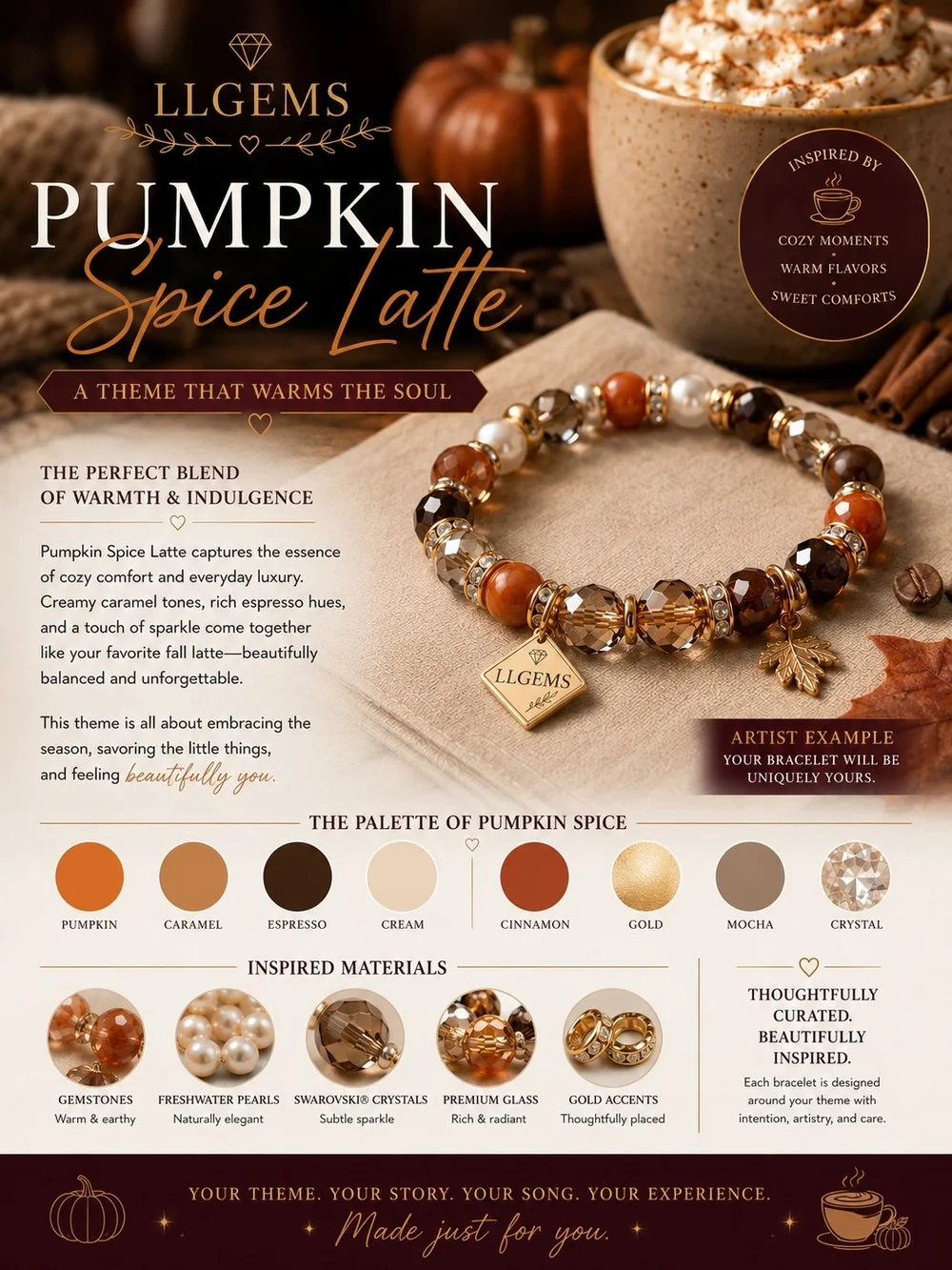 Pumpkin Spice Bracelet Fall Jewelry Beaded Gemstone Pearl Gift OOAK